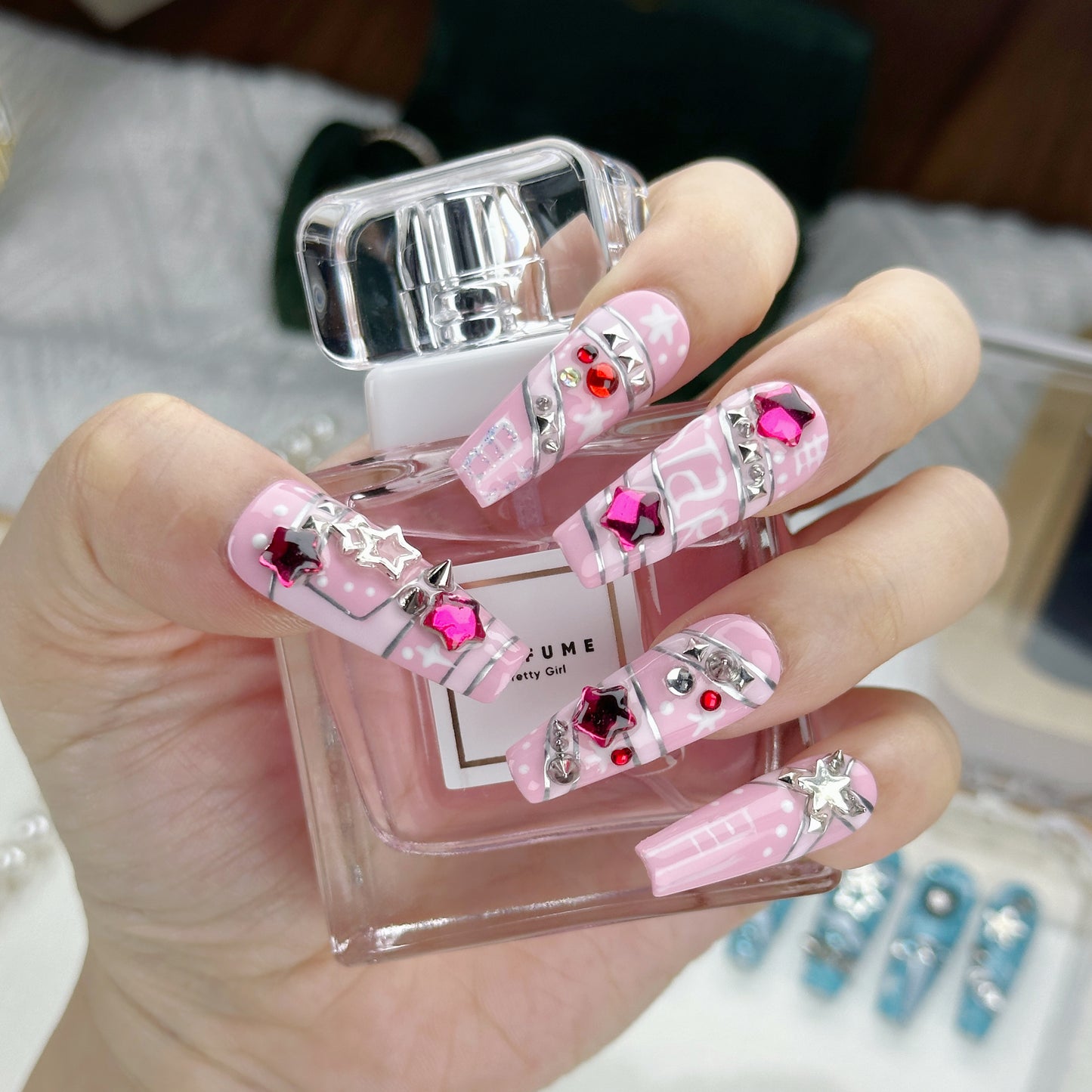 Star Riot | Handmade Press-On Nails | Style No. G117| Blue & Pink Plaid Base, Chain Stars & Rhinestones, Reusable Punk Kawaii Nail Set