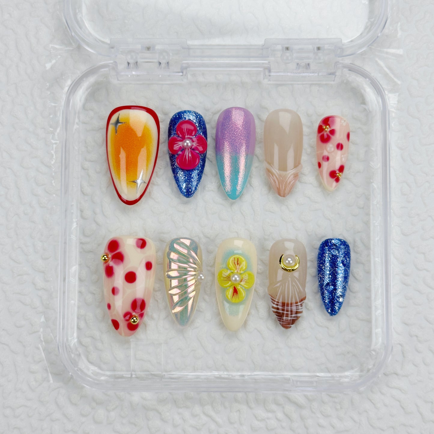 Tropic Vibes | Handmade Press-On Nails | Style No. H018| Sunset Gradient, Hibiscus Flowers & Palm Accents, Reusable Vacation Nail Set