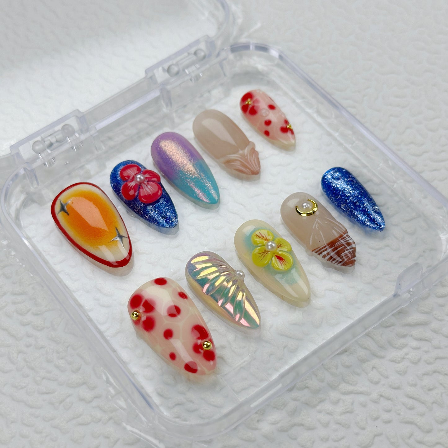 Tropic Vibes | Handmade Press-On Nails | Style No. H018| Sunset Gradient, Hibiscus Flowers & Palm Accents, Reusable Vacation Nail Set