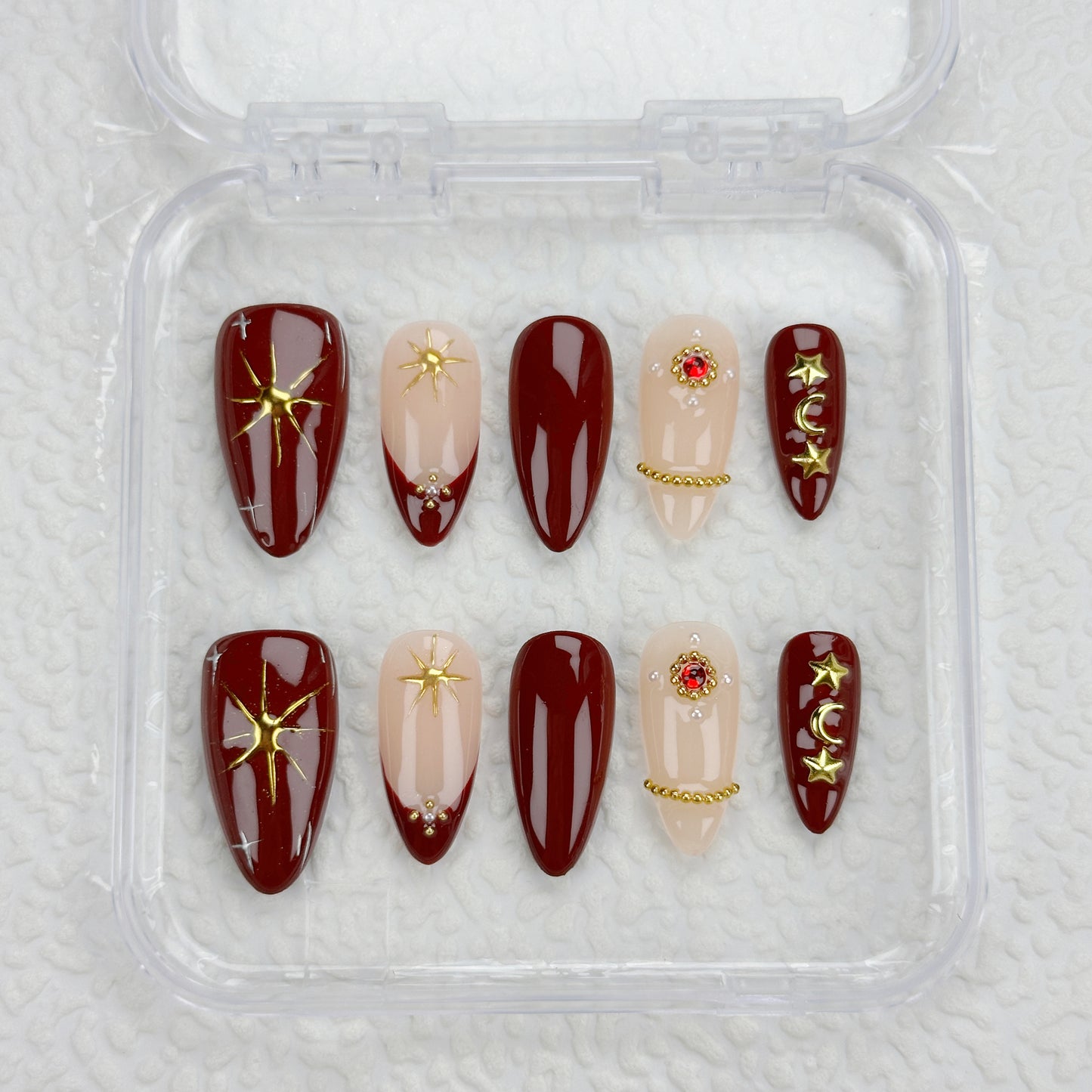 Crimson Spell | Handmade Press-On Nails | Style No. W048| Deep Red Gloss, Gold Star & Moon Charms, Reusable Elegant Gothic Nail Set