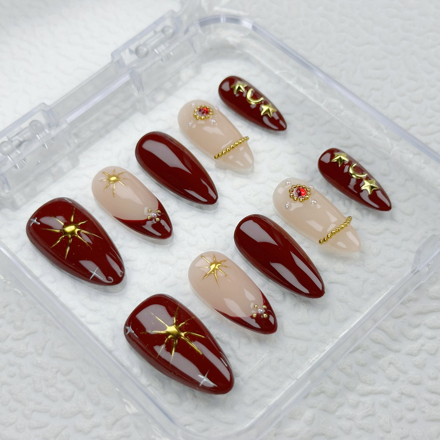 Crimson Spell | Handmade Press-On Nails | Style No. W048| Deep Red Gloss, Gold Star & Moon Charms, Reusable Elegant Gothic Nail Set