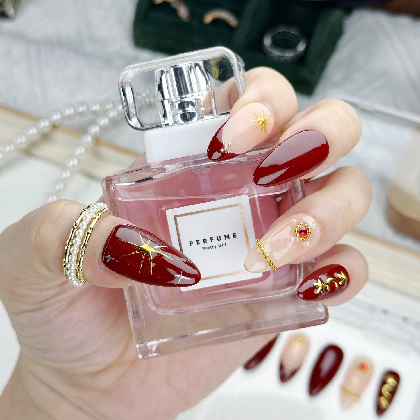 Crimson Spell | Handmade Press-On Nails | Style No. W048| Deep Red Gloss, Gold Star & Moon Charms, Reusable Elegant Gothic Nail Set