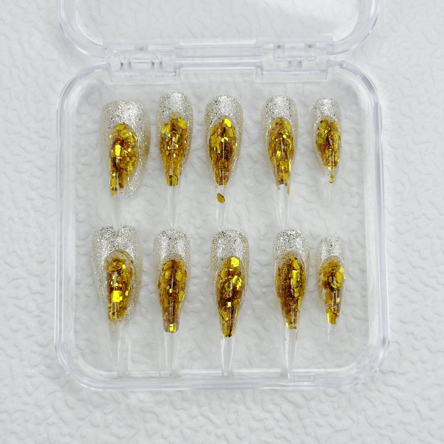 Golden Drip | Handmade Press-On Nails | Style No. A037| Clear Stiletto Tips, Gold Foil Glitter Gradient, Reusable Party Nail Set