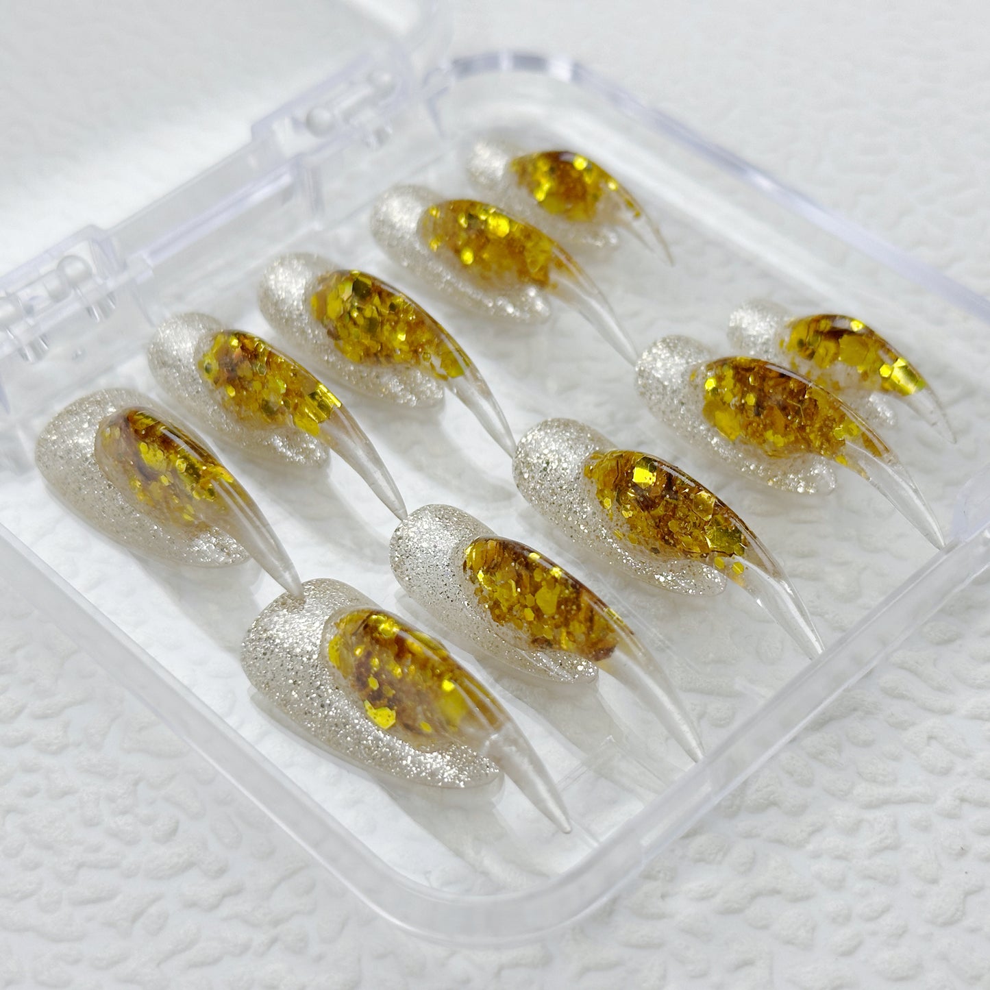 Golden Drip | Handmade Press-On Nails | Style No. A037| Clear Stiletto Tips, Gold Foil Glitter Gradient, Reusable Party Nail Set