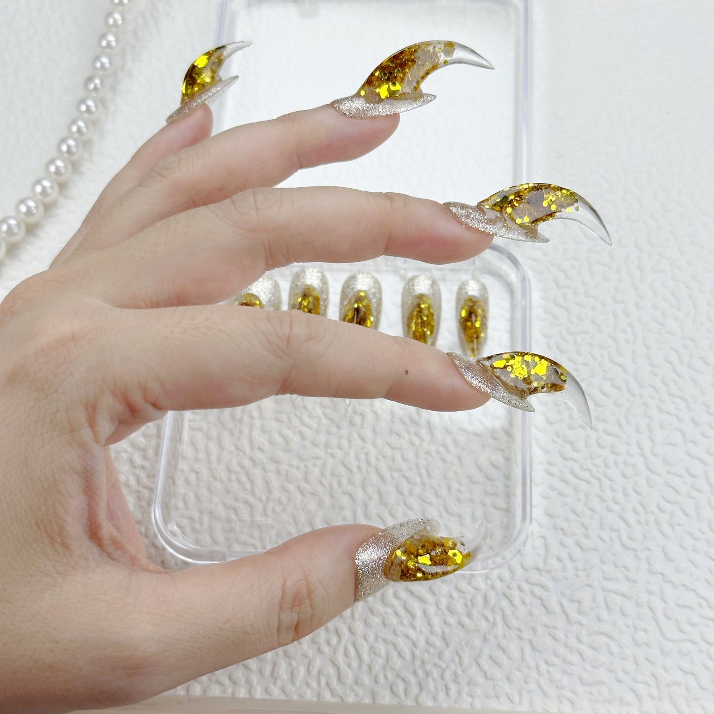 Golden Drip | Handmade Press-On Nails | Style No. A037| Clear Stiletto Tips, Gold Foil Glitter Gradient, Reusable Party Nail Set