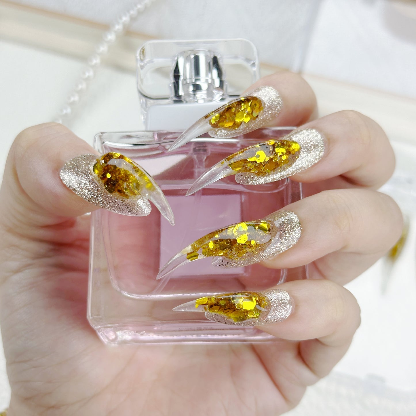 Golden Drip | Handmade Press-On Nails | Style No. A037| Clear Stiletto Tips, Gold Foil Glitter Gradient, Reusable Party Nail Set