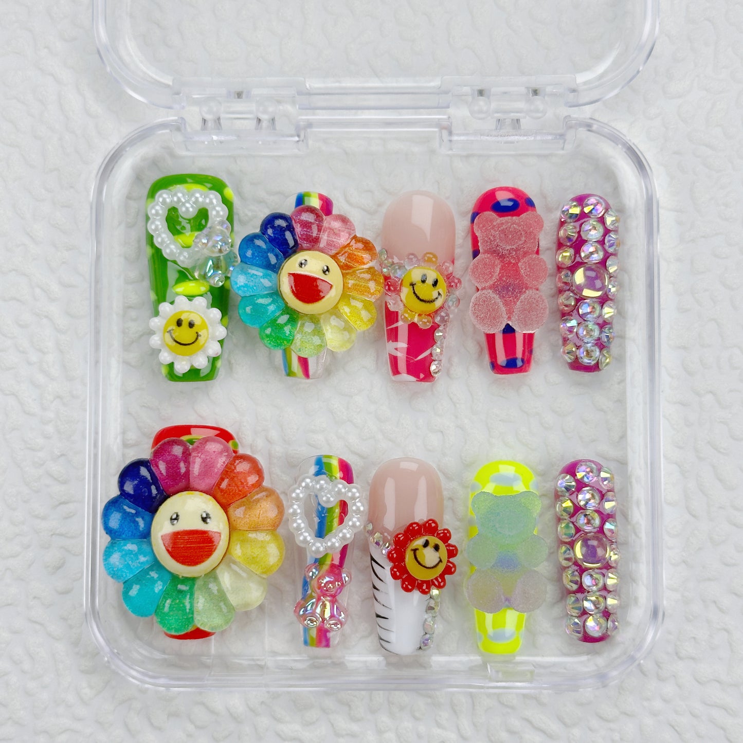 Rainbow Smiley | Handmade Press-On Nails | Style No. G131| 3D Colorful Flowers, Happy Face Charms, Y2K Kawaii Statement Nail Set