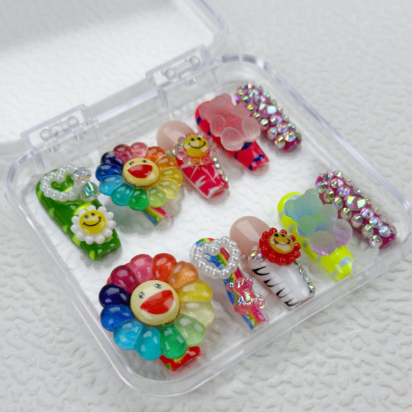 Rainbow Smiley | Handmade Press-On Nails | Style No. G131| 3D Colorful Flowers, Happy Face Charms, Y2K Kawaii Statement Nail Set