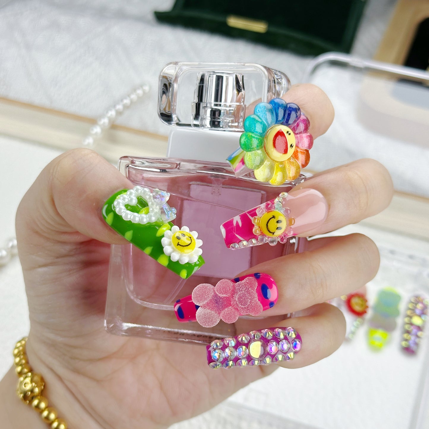 Rainbow Smiley | Handmade Press-On Nails | Style No. G131| 3D Colorful Flowers, Happy Face Charms, Y2K Kawaii Statement Nail Set