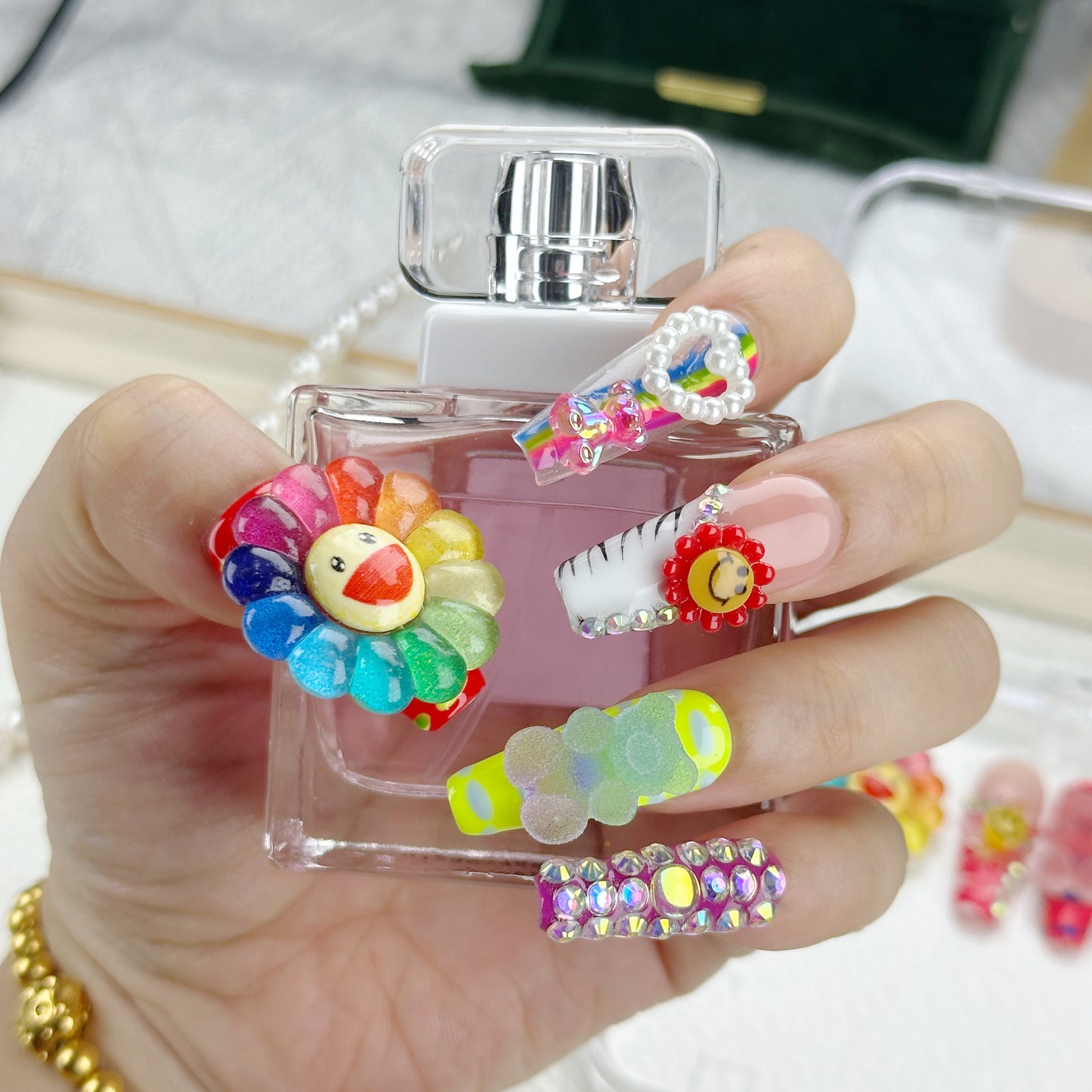 Rainbow Smiley | Handmade Press-On Nails | Style No. G131| 3D Colorful Flowers, Happy Face Charms, Y2K Kawaii Statement Nail Set