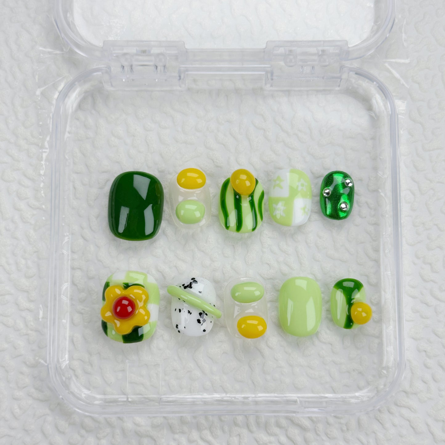 Melon Pop | Handmade Press-On Nails | Style No. L028| Matcha Green & Fruit-Inspired 3D Accents, Reusable Cute Nail Set