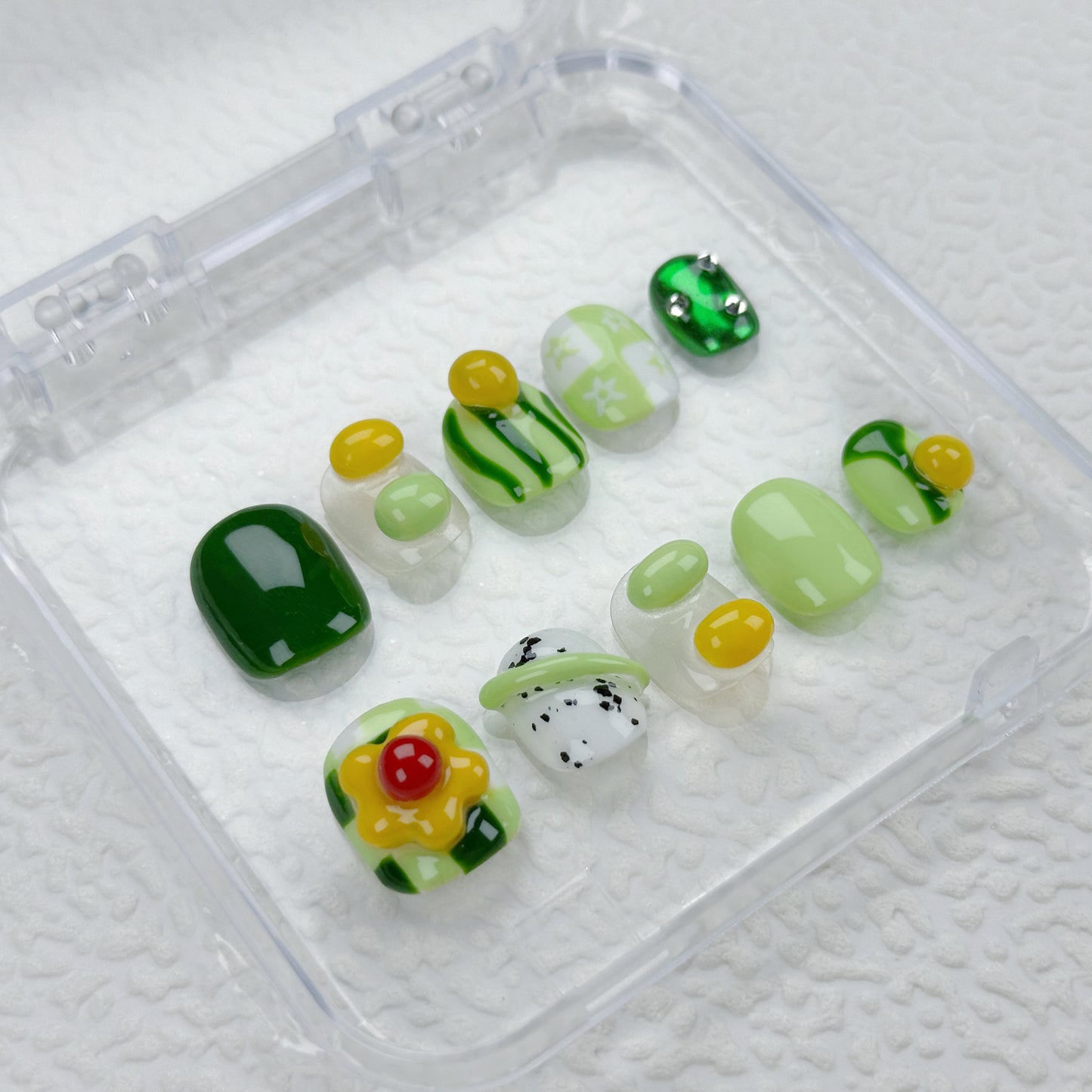 Melon Pop | Handmade Press-On Nails | Style No. L028| Matcha Green & Fruit-Inspired 3D Accents, Reusable Cute Nail Set