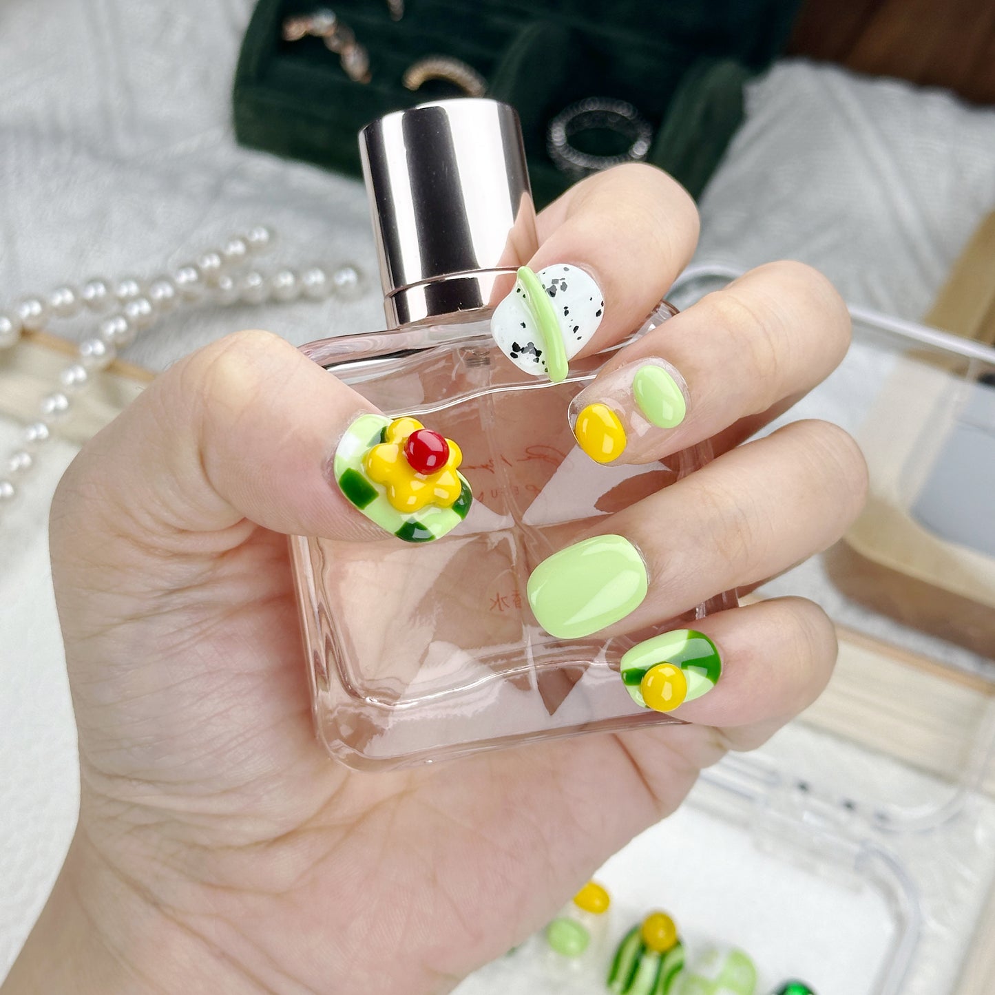 Melon Pop | Handmade Press-On Nails | Style No. L028| Matcha Green & Fruit-Inspired 3D Accents, Reusable Cute Nail Set