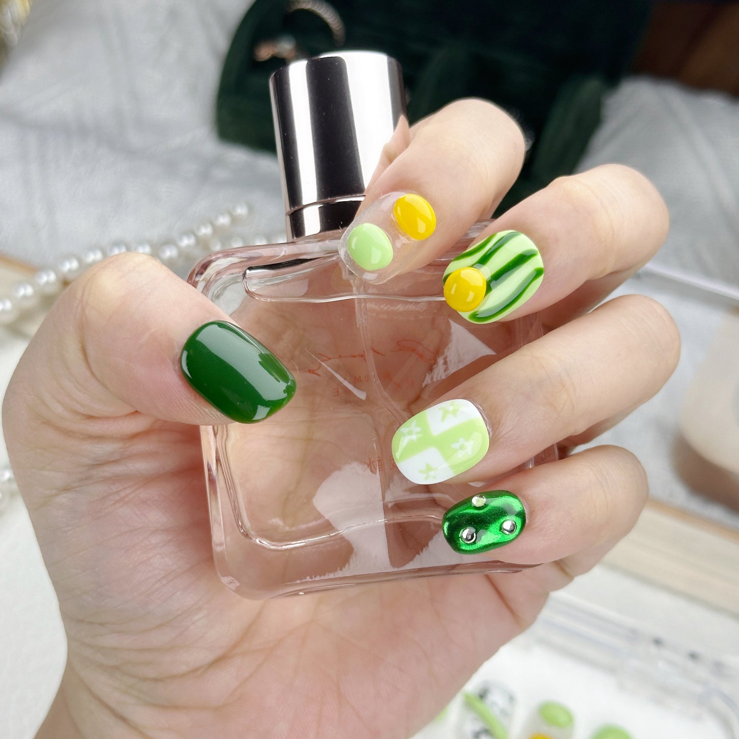 Melon Pop | Handmade Press-On Nails | Style No. L028| Matcha Green & Fruit-Inspired 3D Accents, Reusable Cute Nail Set