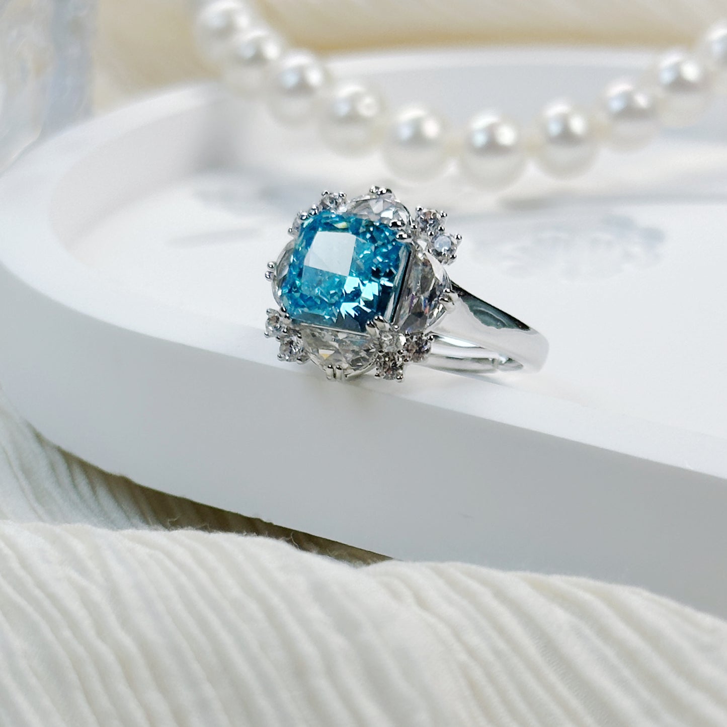 Cushion Cut Blue Zircon Ring – 14K Gold Plated Copper Statement Jewelry