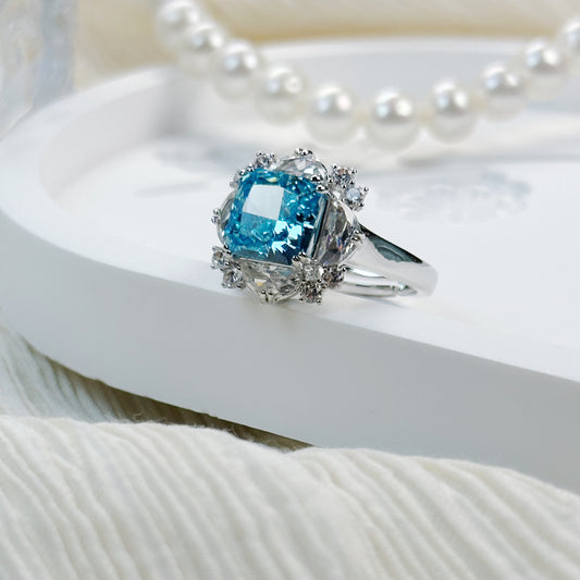 Cushion Cut Blue Zircon Ring – 14K Gold Plated Copper Statement Jewelry