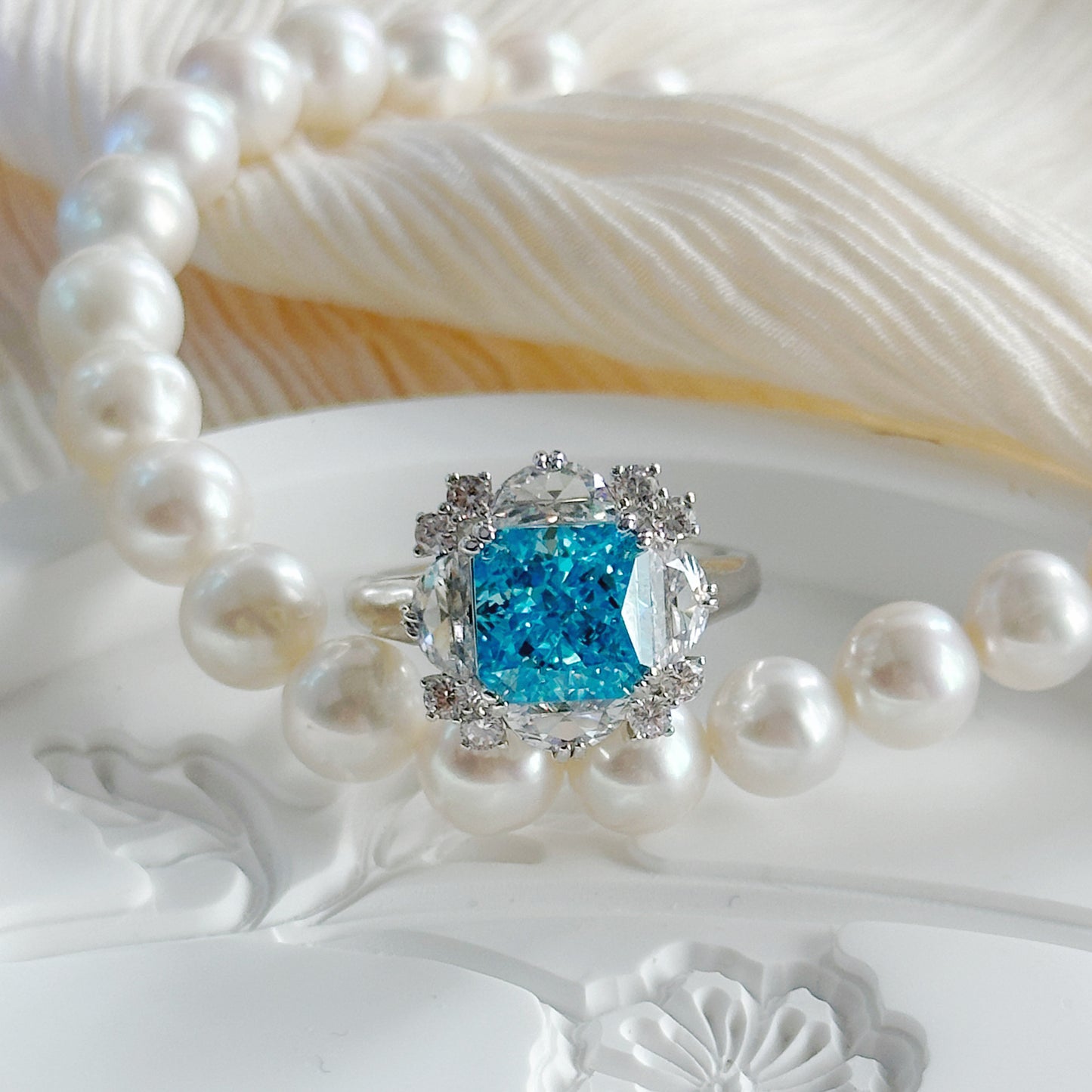 Cushion Cut Blue Zircon Ring – 14K Gold Plated Copper Statement Jewelry