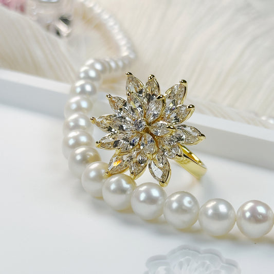 Adjustable Rotatable Flower Zircon Ring – 14K Gold Plated Copper, One Size Fits Most