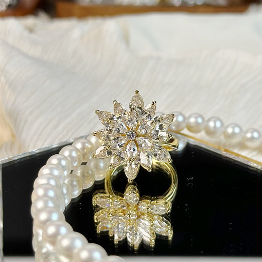 Adjustable Rotatable Flower Zircon Ring – 14K Gold Plated Copper, One Size Fits Most