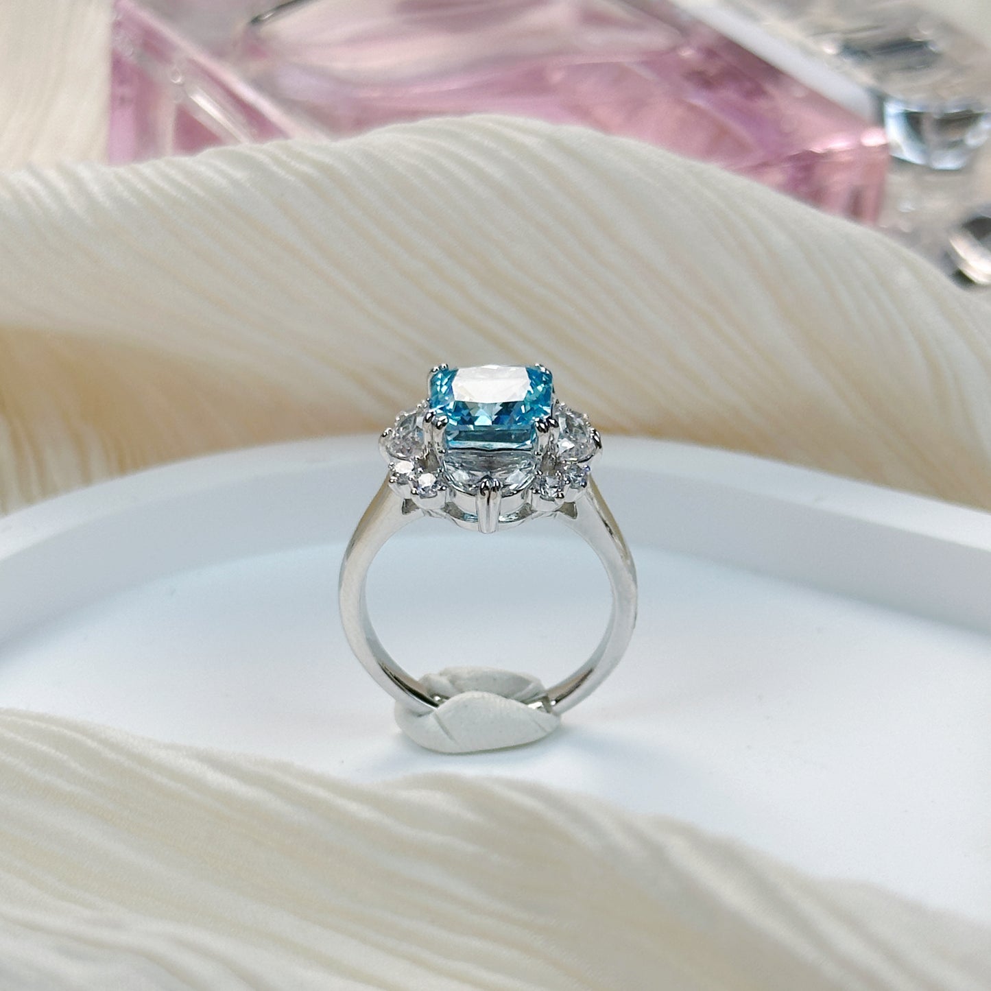 Cushion Cut Blue Zircon Ring – 14K Gold Plated Copper Statement Jewelry