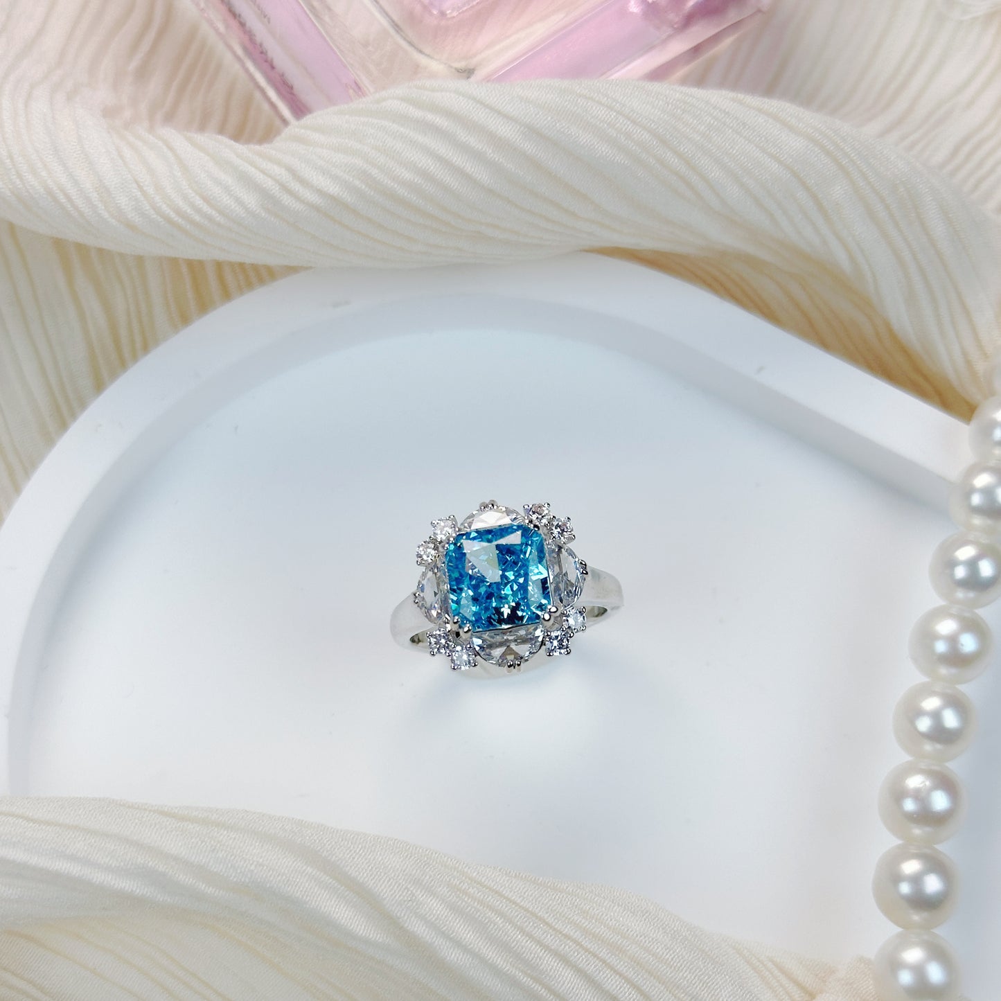 Cushion Cut Blue Zircon Ring – 14K Gold Plated Copper Statement Jewelry