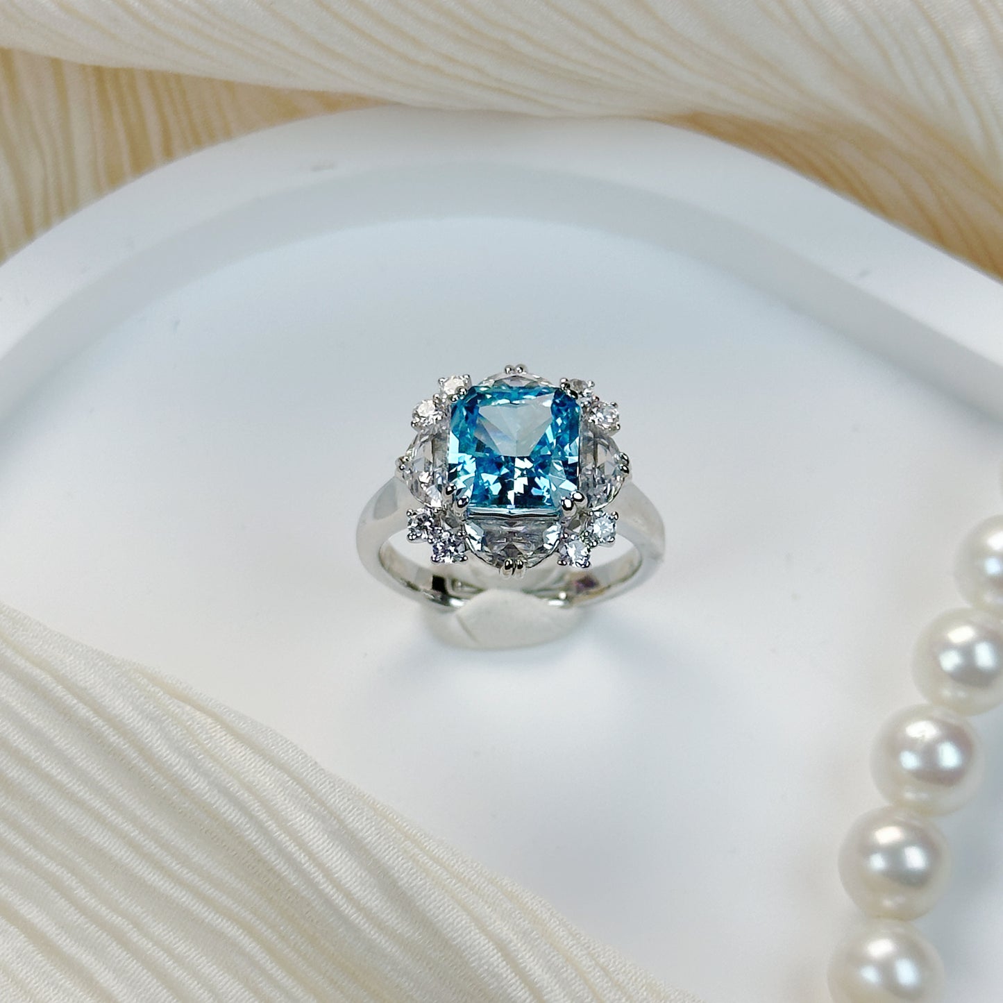 Cushion Cut Blue Zircon Ring – 14K Gold Plated Copper Statement Jewelry