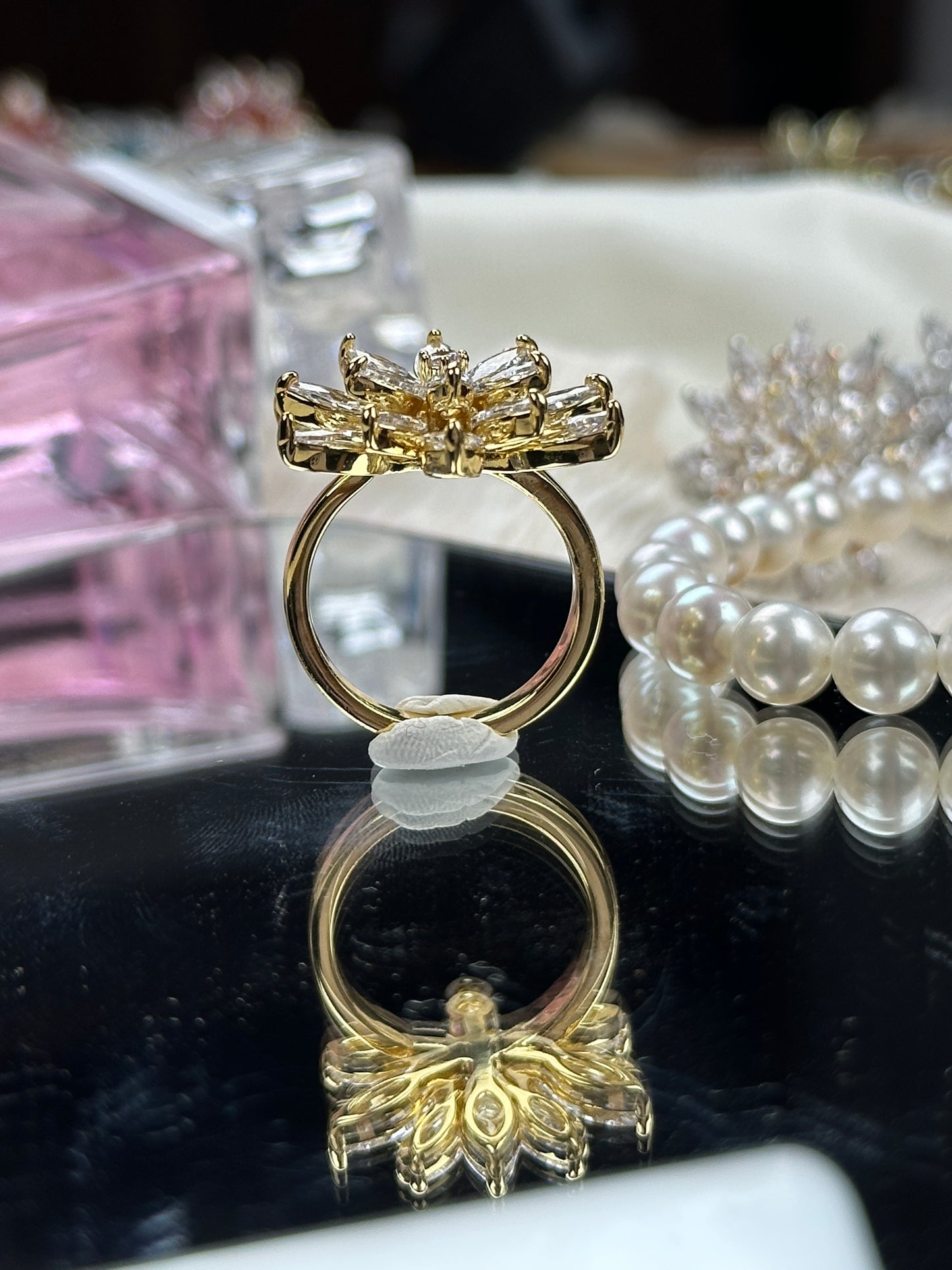 Adjustable Rotatable Flower Zircon Ring – 14K Gold Plated Copper, One Size Fits Most